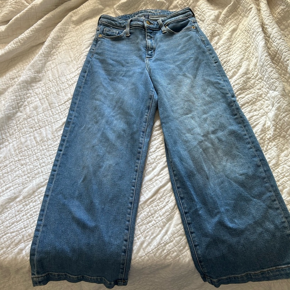 Blue denim jeans size 2, wide leg, high rise. Very good condition